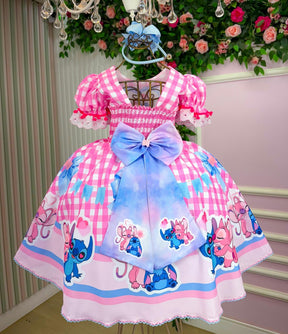 Vestido Junino Tematico Luxo Lilo Stitch Rosa Bebe Modelo 2 - Leveza e Elegância para Meninas | Bebeloo Kids