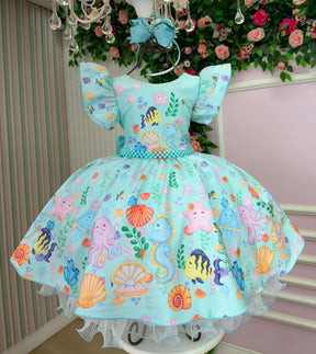 Vestido Tematicos Kids Fundo do Mar - Sereia Ariel Modelo 2 Tiffany - Leveza e Elegância para Meninas | Bebeloo Kids