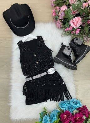 Kit Conjunto Blogueirinha Boiadeira Maraisa Jeans Preto + Chapeu - Estilo Delicado para o Dia a Dia | Bebeloo Kids