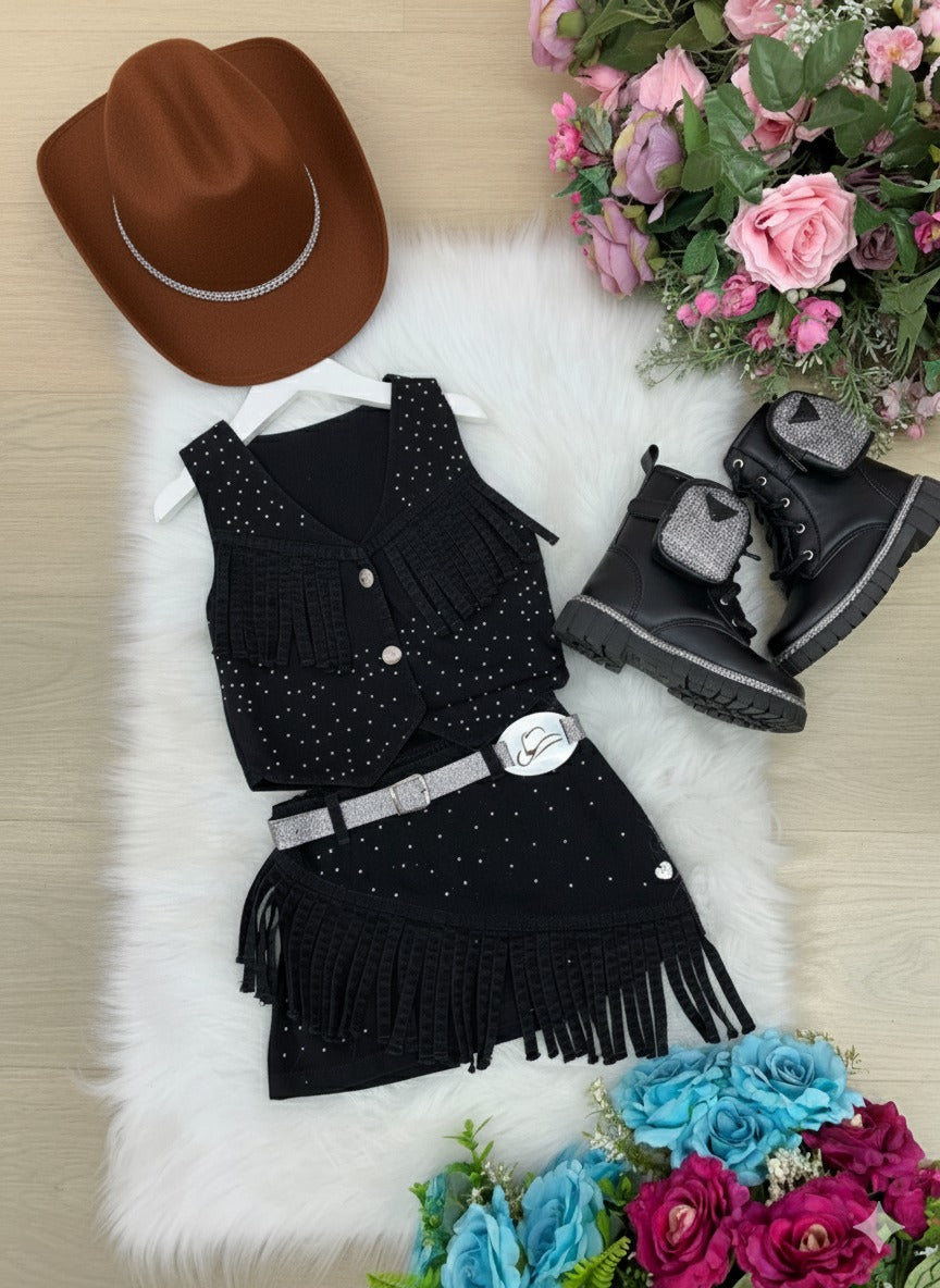 Kit Conjunto Blogueirinha Boiadeira Maraisa Jeans Preto + Chapeu - Estilo Delicado para o Dia a Dia | Bebeloo Kids