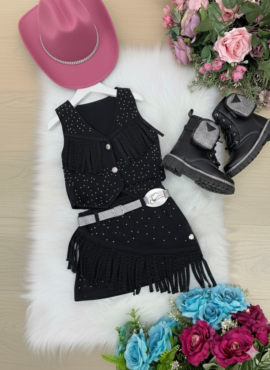 Kit Conjunto Blogueirinha Boiadeira Maraisa Jeans Preto + Chapeu - Estilo Delicado para o Dia a Dia | Bebeloo Kids