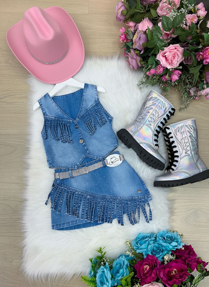 Kit Conjunto Blogueirinha Boiadeira Jeans + Chapéu - Proteção com Estilo para os Pequenos | Bebeloo Kids