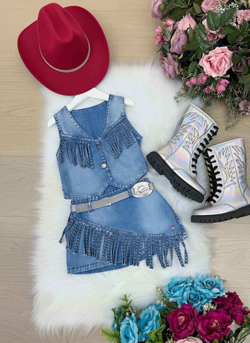 Kit Conjunto Blogueirinha Boiadeira Jeans + Chapéu - Proteção com Estilo para os Pequenos | Bebeloo Kids