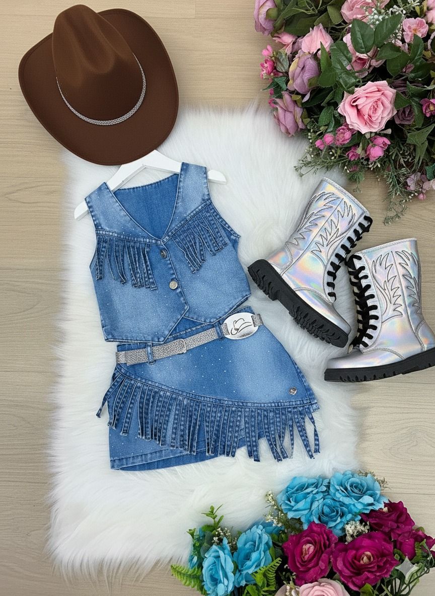 Kit Conjunto Blogueirinha Boiadeira Jeans + Chapéu - Proteção com Estilo para os Pequenos | Bebeloo Kids