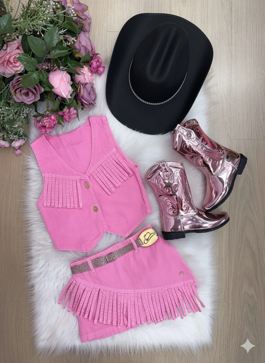 Kit Conjunto Blogueirinha Boiadeira Jeans Rosa + Chapéu - Proteção com Estilo para os Pequenos | Bebeloo Kids