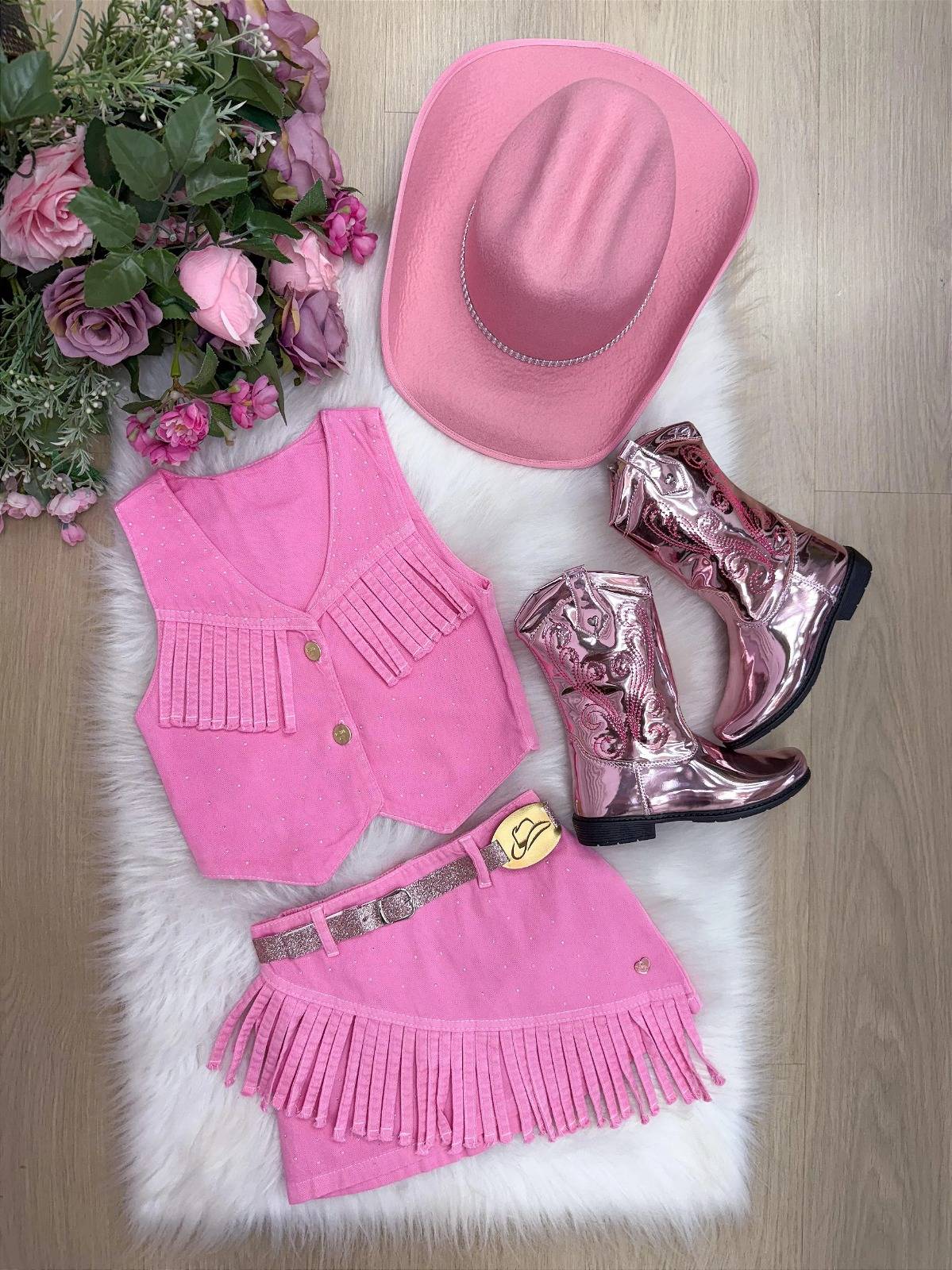 Kit Conjunto Blogueirinha Boiadeira Jeans Rosa + Chapéu - Proteção com Estilo para os Pequenos | Bebeloo Kids