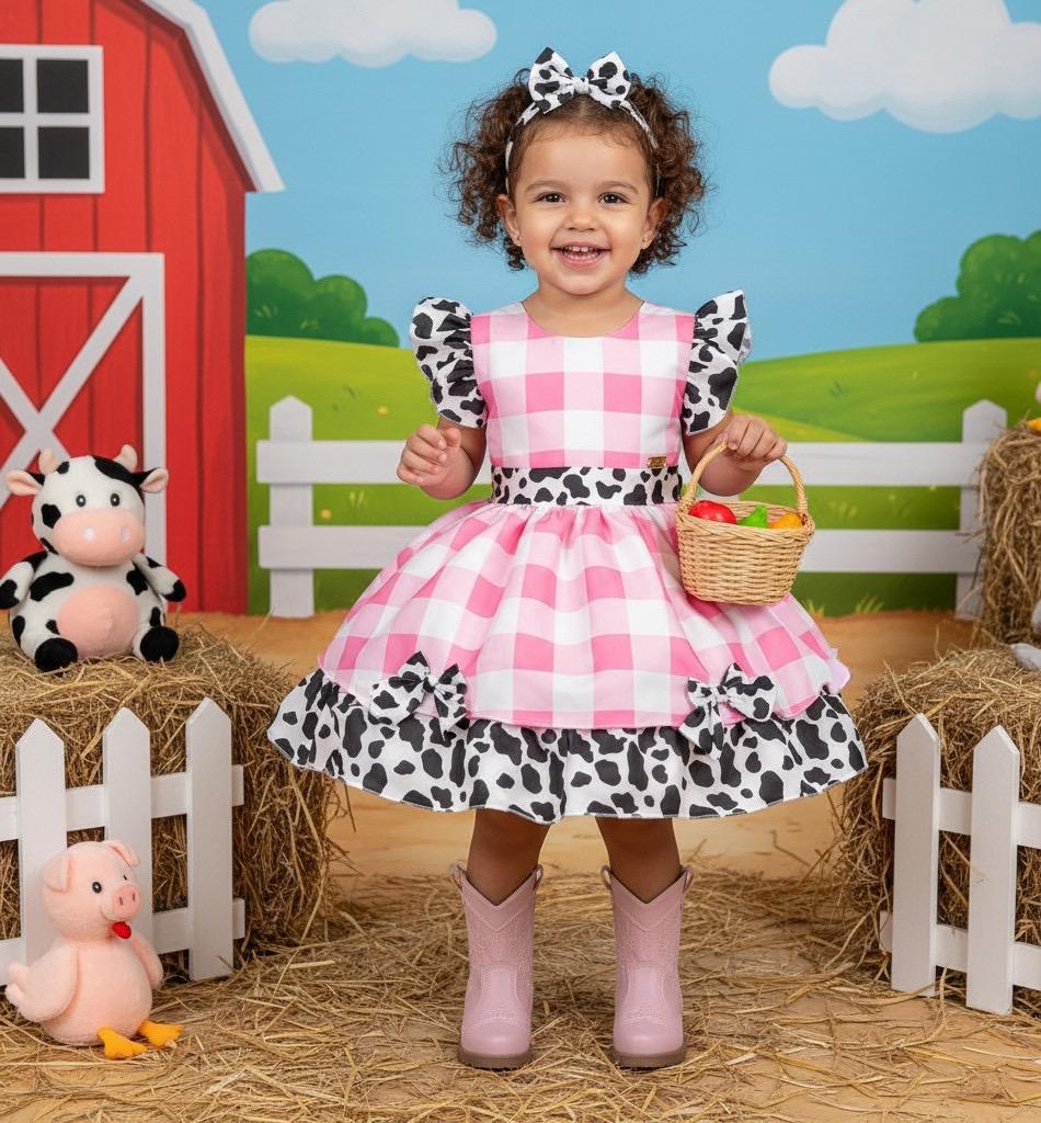 Vestido Tematicos Kids Fazendinha Rosa Vaquinha - Leveza e Elegância para Meninas | Bebeloo Kids