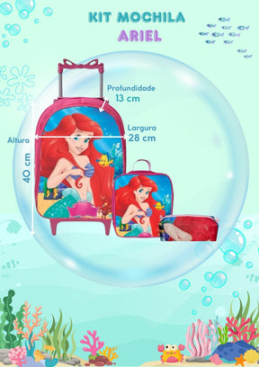 Kit Mochila Rodinhas + Lancheira + Estojo A Pequena Sereia Ariel - Praticidade e Charme para o Dia a Dia | Bebeloo Kids