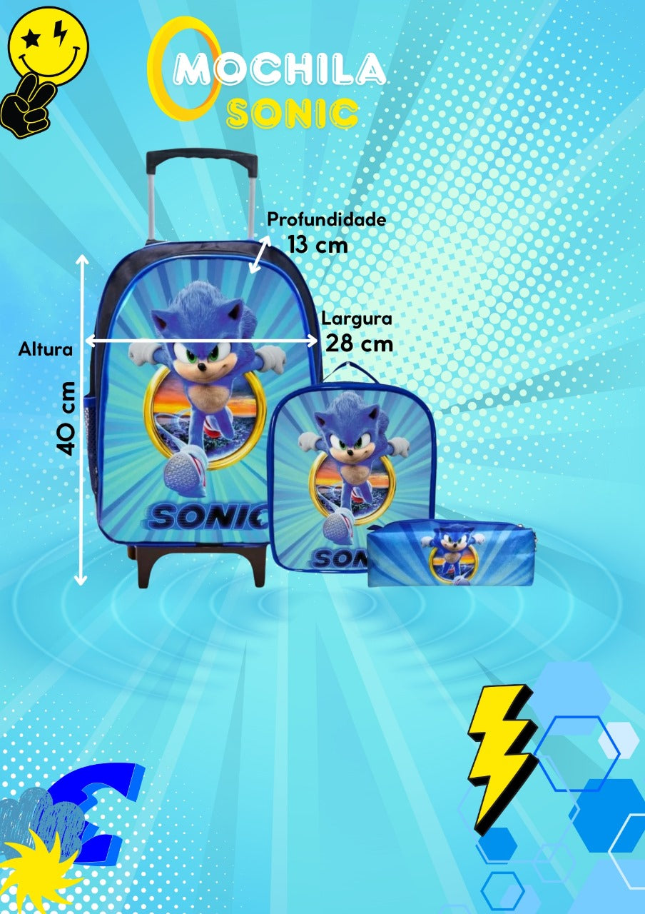 Kit Mochila Rodinhas + Lancheira + Estojo Sonic - Praticidade e Charme para o Dia a Dia | Bebeloo Kids