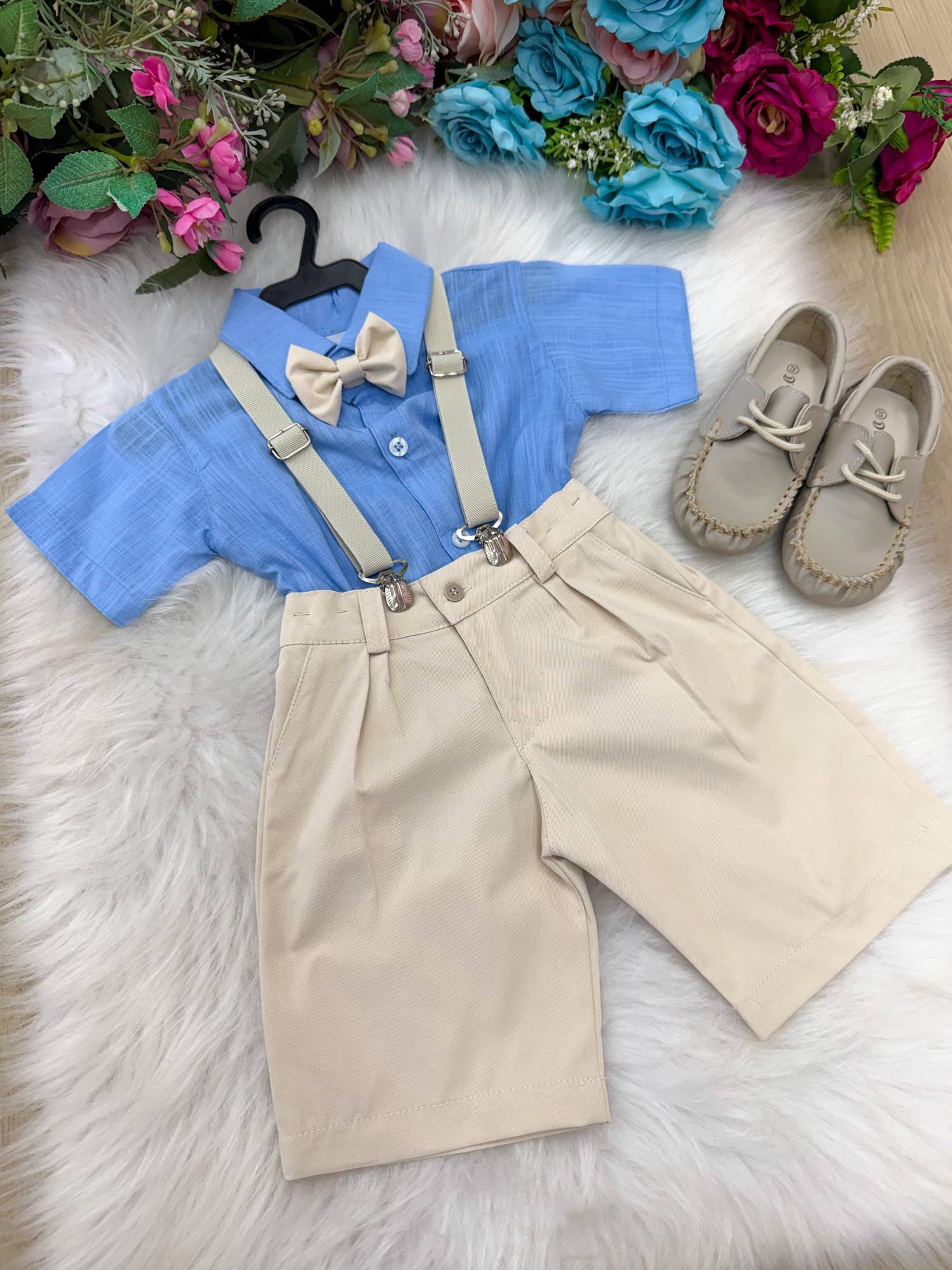 Conjunto Miss Cherry Henry Azul Suspensorio Bege - Estilo Delicado para o Dia a Dia | Bebeloo Kids