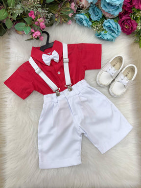 Conjunto Miss Cherry Henry Vermelho Suspensorio Branco - Estilo Delicado para o Dia a Dia | Bebeloo Kids
