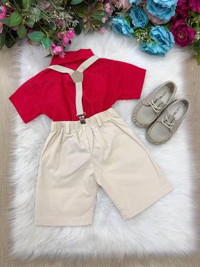 Conjunto Miss Cherry Henry Vermelho Suspensorio Bege - Estilo Delicado para o Dia a Dia | Bebeloo Kids