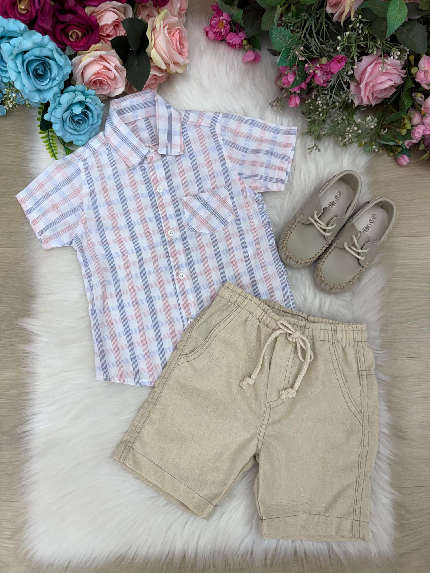 Conjunto Meninos Lucas Banana Club Shorts Linho Camisa Xadrez - Estilo Delicado para o Dia a Dia | Bebeloo Kids