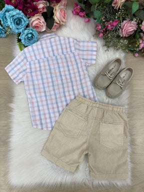 Conjunto Meninos Lucas Banana Club Shorts Linho Camisa Xadrez - Estilo Delicado para o Dia a Dia | Bebeloo Kids