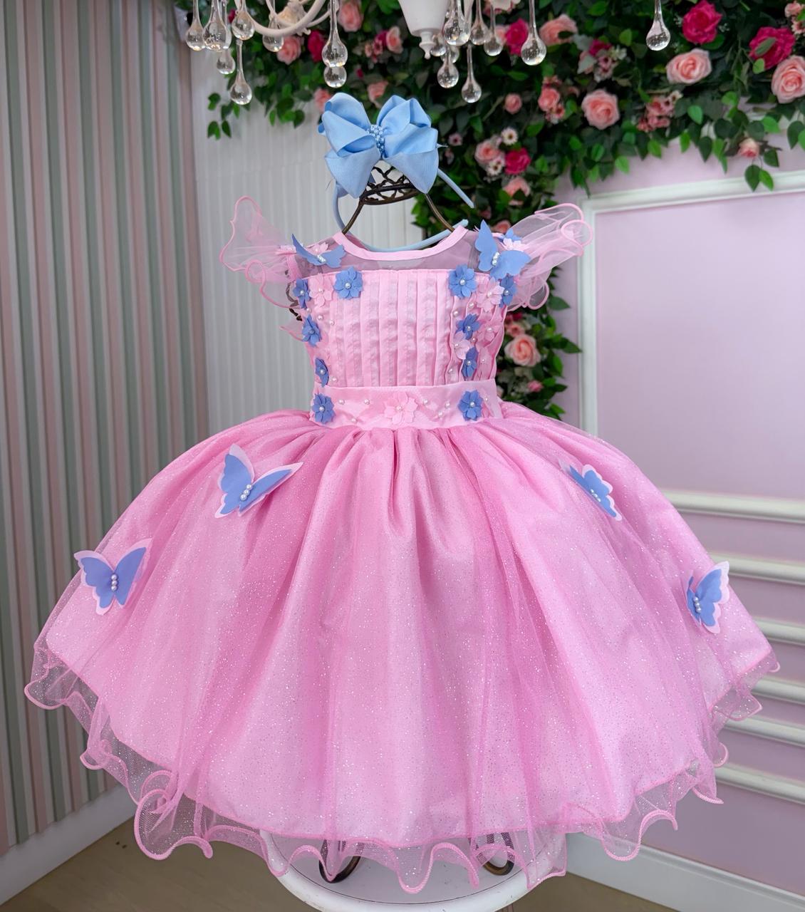 Vestido Marie Jardim Encantado Rosa Borboletas Azul - Leveza e Elegância para Meninas | Bebeloo Kids