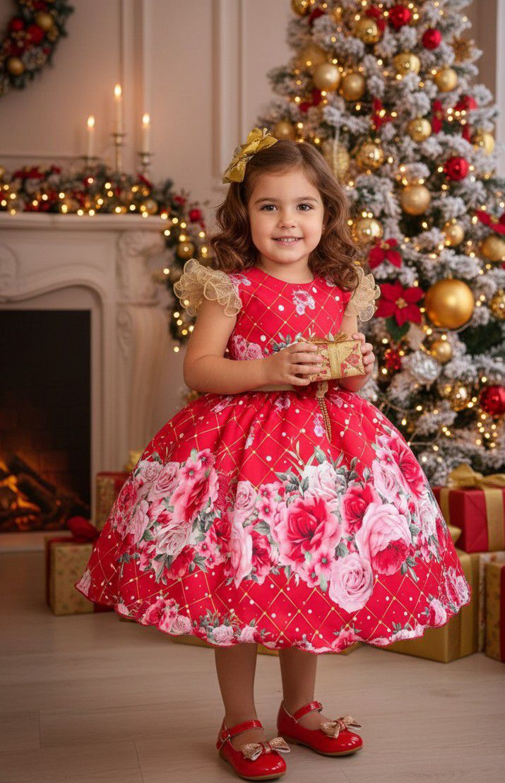 Vestido Marie Natalia Flores Vermelho - Natal - Leveza e Elegância para Meninas | Bebeloo Kids