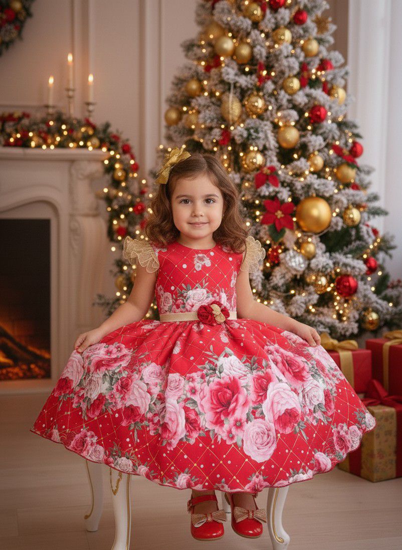 Vestido Marie Natalia Flores Vermelho - Natal - Leveza e Elegância para Meninas | Bebeloo Kids