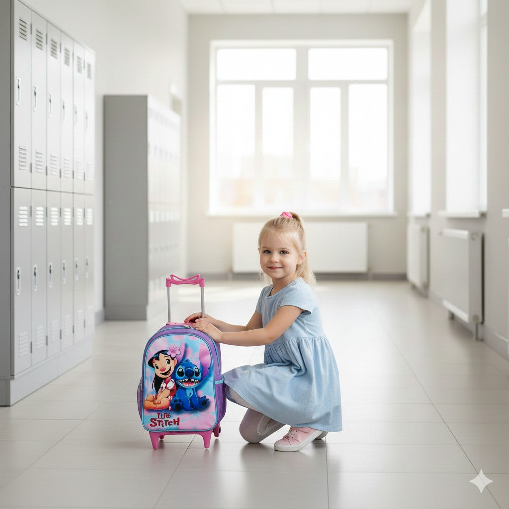 Mochila Rodinhas Lilo e Stitch + Estojo de Brinde - Praticidade e Charme para o Dia a Dia | Bebeloo Kids