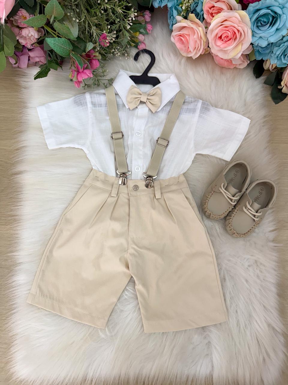 Conjunto Miss Cherry Henry Suspensorio Bege - Estilo Delicado para o Dia a Dia | Bebeloo Kids