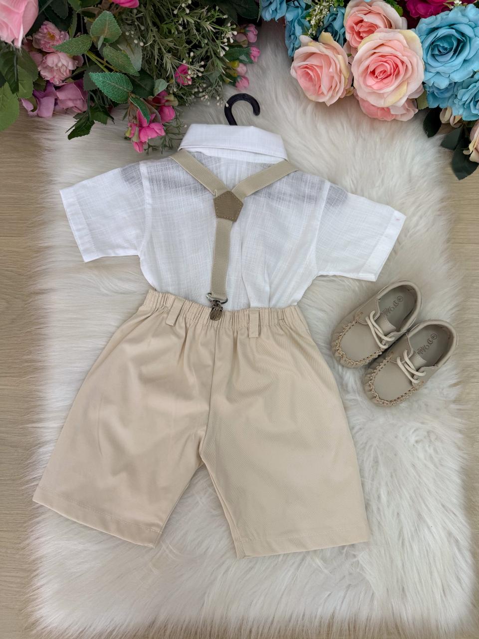 Conjunto Miss Cherry Henry Suspensorio Bege - Estilo Delicado para o Dia a Dia | Bebeloo Kids