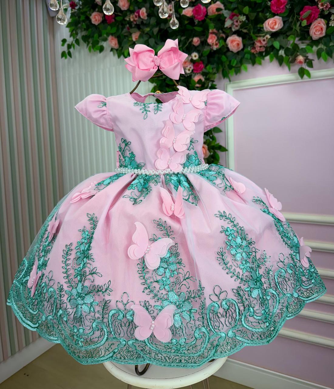 Vestido Marie Jardim Encantado Luxo Rosa e Verde Tiffany - Leveza e Elegância para Meninas | Bebeloo Kids