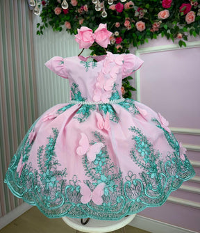 Vestido Marie Jardim Encantado Luxo Rosa e Verde Tiffany - Leveza e Elegância para Meninas | Bebeloo Kids