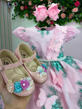 Vestido Marie Jardim Encantado Luxo Rosa e Verde Tiffany - Leveza e Elegância para Meninas | Bebeloo Kids