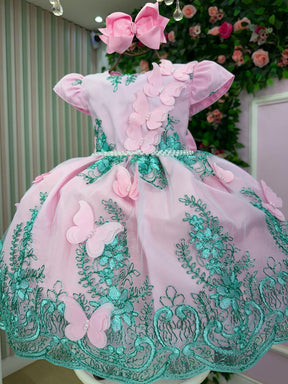 Vestido Marie Jardim Encantado Luxo Rosa e Verde Tiffany - Leveza e Elegância para Meninas | Bebeloo Kids