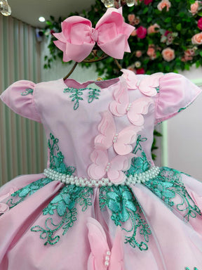 Vestido Marie Jardim Encantado Luxo Rosa e Verde Tiffany - Leveza e Elegância para Meninas | Bebeloo Kids