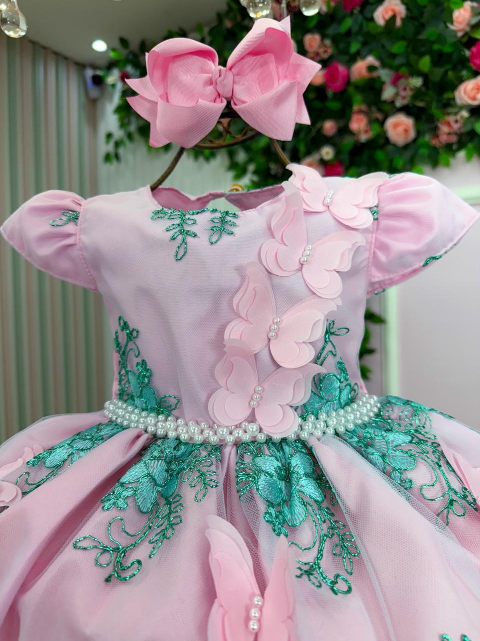 Vestido Marie Jardim Encantado Luxo Rosa e Verde Tiffany - Leveza e Elegância para Meninas | Bebeloo Kids