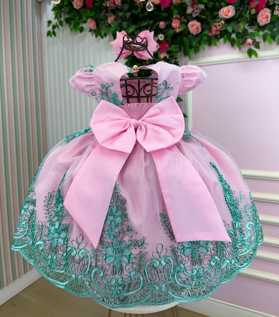 Vestido Marie Jardim Encantado Luxo Rosa e Verde Tiffany - Leveza e Elegância para Meninas | Bebeloo Kids