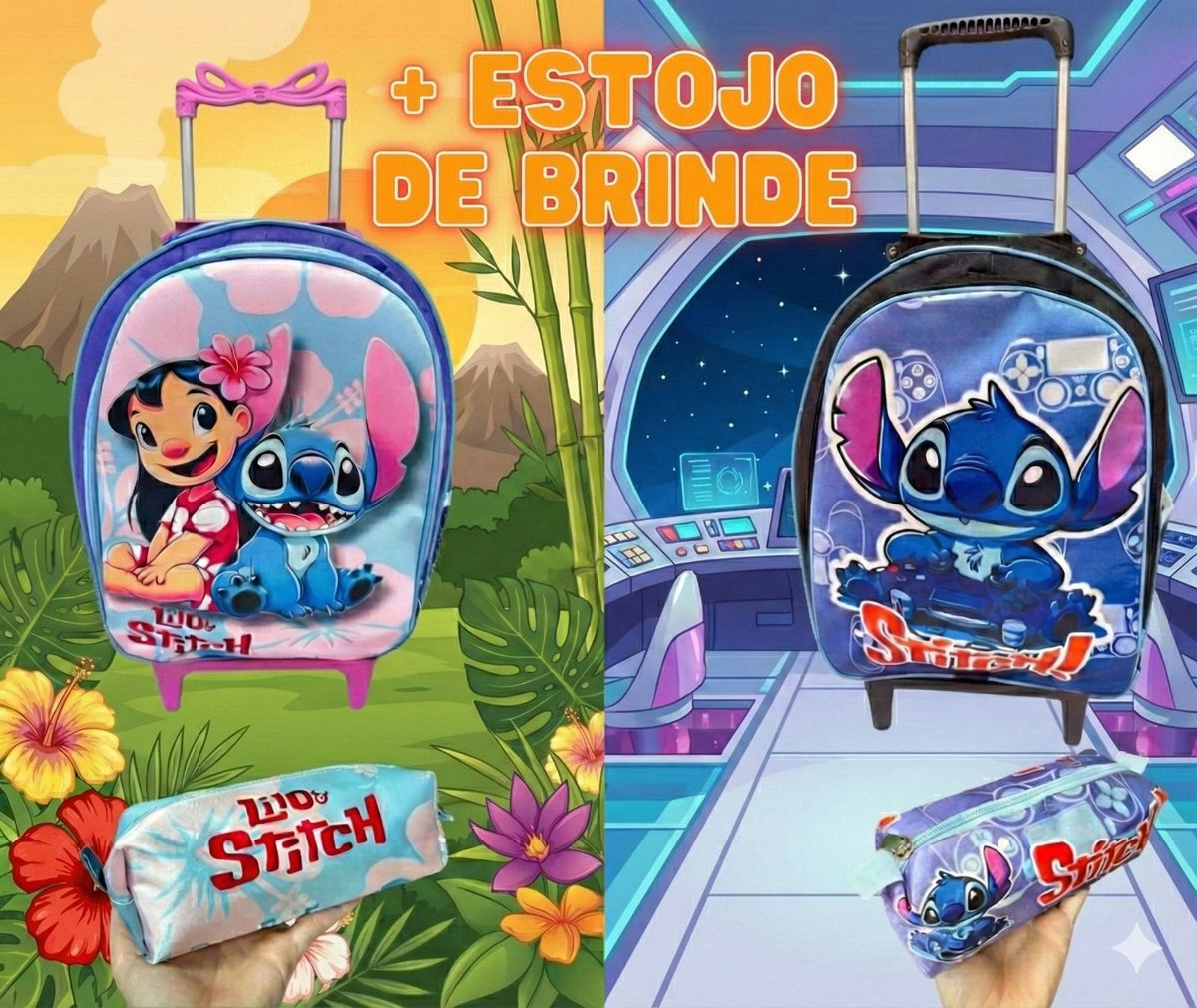Mochila Rodinhas Stitch + Estojo de Brinde - Praticidade e Charme para o Dia a Dia | Bebeloo Kids