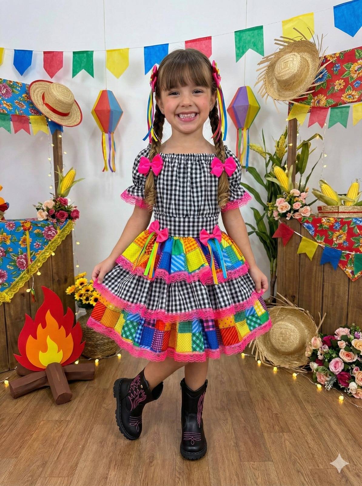 Vestido Junino Banana Club Luxo Quermesse Do Sertão Preto - Leveza e Elegância para Meninas | Bebeloo Kids