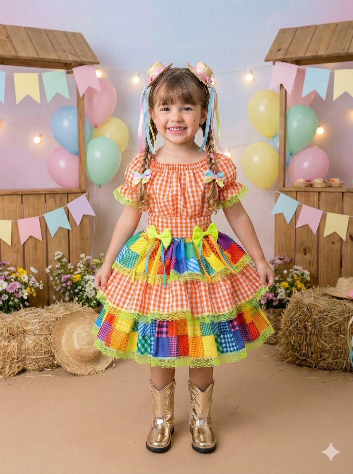 Vestido Junino Banana Club Luxo Quermesse do Sertão Laranja - Leveza e Elegância para Meninas | Bebeloo Kids