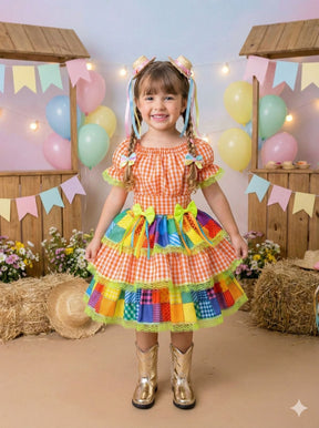 Vestido Junino Banana Club Luxo Quermesse do Sertão Laranja - Leveza e Elegância para Meninas | Bebeloo Kids