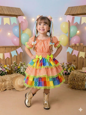 Vestido Junino Banana Club Luxo Quermesse do Sertão Laranja - Leveza e Elegância para Meninas | Bebeloo Kids