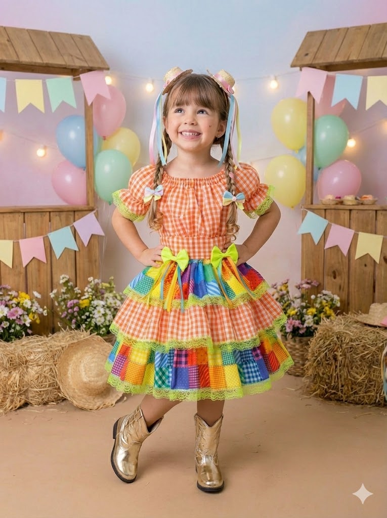 Vestido Junino Banana Club Luxo Quermesse do Sertão Laranja - Leveza e Elegância para Meninas | Bebeloo Kids