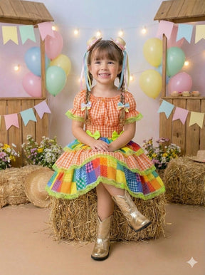 Vestido Junino Banana Club Luxo Quermesse do Sertão Laranja - Leveza e Elegância para Meninas | Bebeloo Kids