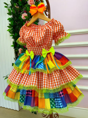 Vestido Junino Banana Club Luxo Quermesse do Sertão Laranja - Leveza e Elegância para Meninas | Bebeloo Kids