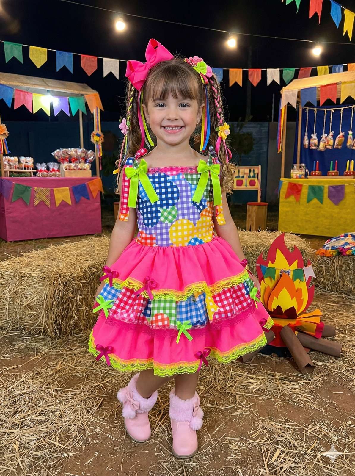 Vestido Junino Banana Club Luxo Encanto da Roça Rosa Neon - Leveza e Elegância para Meninas | Bebeloo Kids
