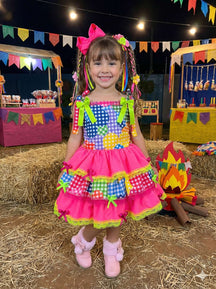 Vestido Junino Banana Club Luxo Encanto da Roça Rosa Neon - Leveza e Elegância para Meninas | Bebeloo Kids