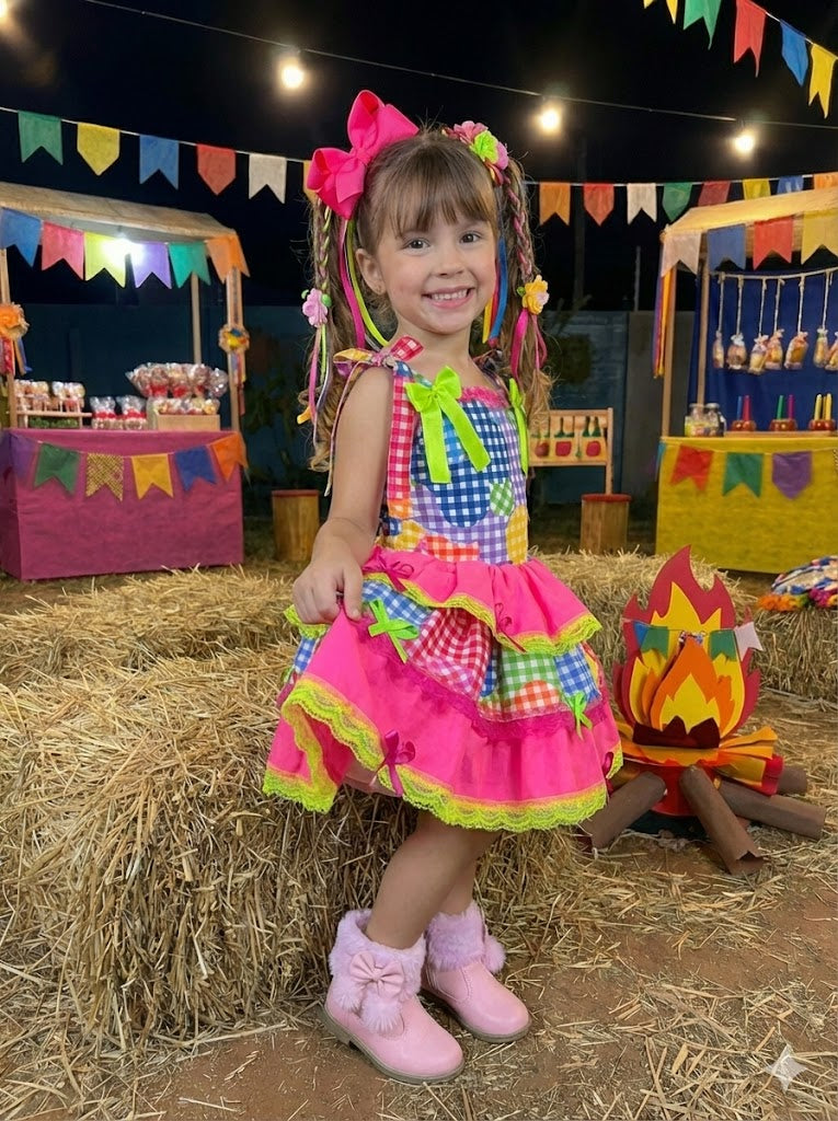 Vestido Junino Banana Club Luxo Encanto da Roça Rosa Neon - Leveza e Elegância para Meninas | Bebeloo Kids
