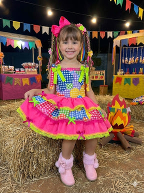 Vestido Junino Banana Club Luxo Encanto da Roça Rosa Neon - Leveza e Elegância para Meninas | Bebeloo Kids