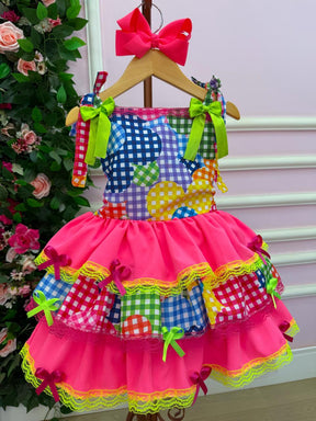 Vestido Junino Banana Club Luxo Encanto da Roça Rosa Neon - Leveza e Elegância para Meninas | Bebeloo Kids