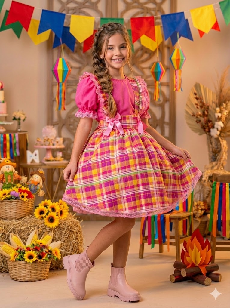Vestido Junino Salopete Banana Club Luxo Arráia da Fofura - Leveza e Elegância para Meninas | Bebeloo Kids