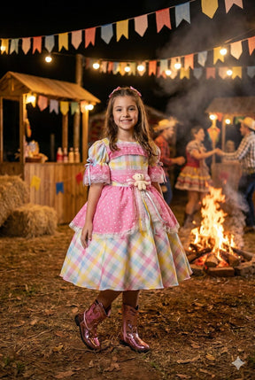 Vestido Marie Junino Luxo Ursinho do Sertão Rosa - Leveza e Elegância para Meninas | Bebeloo Kids