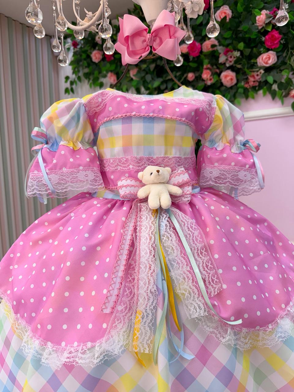 Vestido Marie Junino Luxo Ursinho do Sertão Rosa - Leveza e Elegância para Meninas | Bebeloo Kids