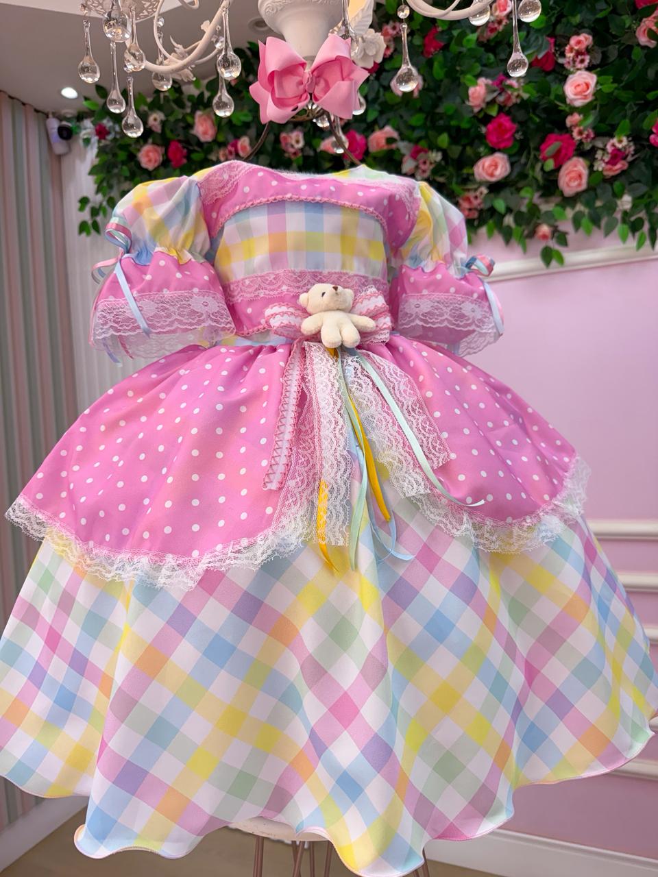 Vestido Marie Junino Luxo Ursinho do Sertão Rosa - Leveza e Elegância para Meninas | Bebeloo Kids