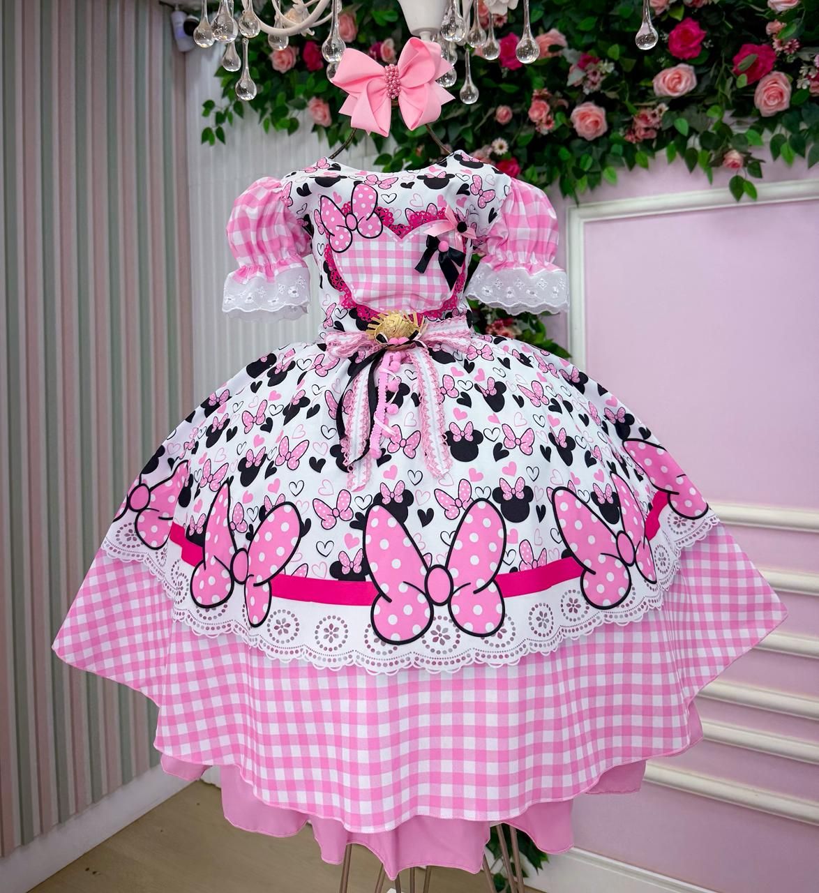 Vestido Junino Tematico Luxo Minnie/Minei Rosa - Leveza e Elegância para Meninas | Bebeloo Kids