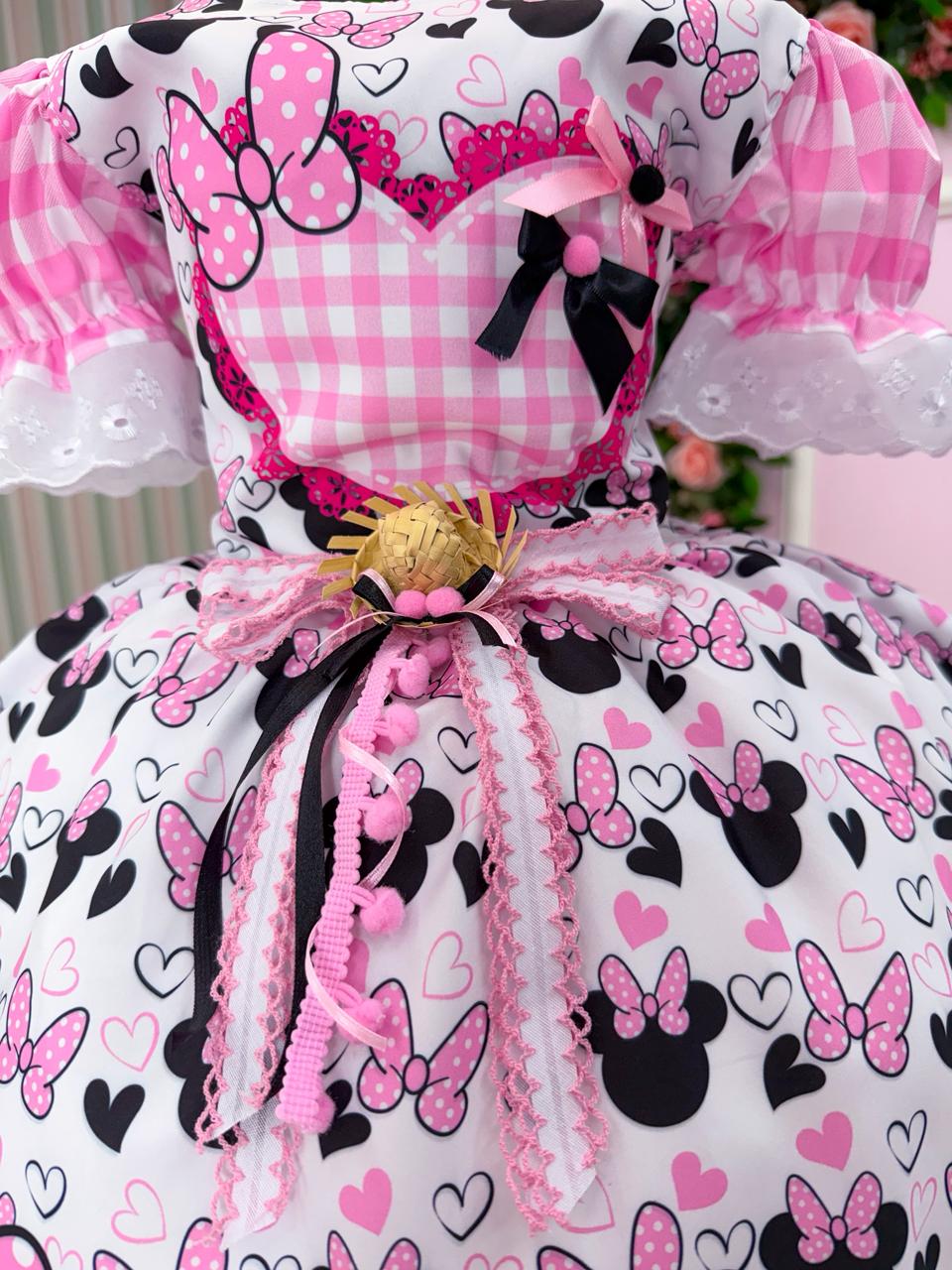 Vestido Junino Tematico Luxo Minnie/Minei Rosa - Leveza e Elegância para Meninas | Bebeloo Kids